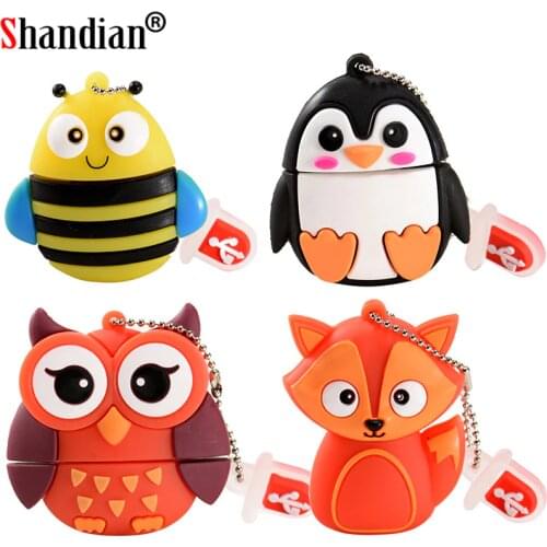 SHANDIAN Cartoon Owl Fox Penguin Bee USB 2.0 Flash Drive 4GB 8GB 16GB 32GB 64GB 128GB Pen Drives Gifts Wholesale Memory Stick