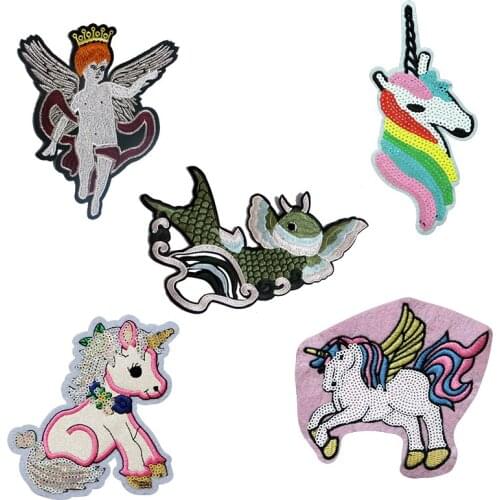 Cute Cartoon Sequin DIY Unicorn Angel Fish Patch Iron Patch Embroidery Clothes Stripe Cartoon Rainbow Sticker