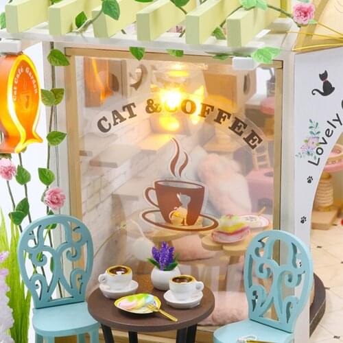 Handcraft Miniature Dollhouse Plus LED Light & Dustproof Cover Wooden Crafts Cat & Coffee House 3D Puzzles Model Toys for Girls