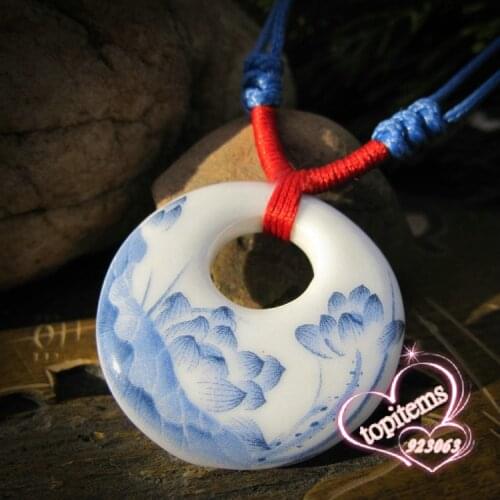 Minium blue lotus Flower classical style Handmade Round Ceramic Pendant Adjustable Knitted Rope Necklace For women