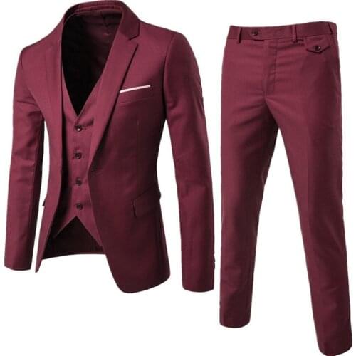 Burgundy Mens Suits Groom Wear Tuxedos 3 Piece Wedding Suits Groomsmen Best Man Formal Groom Suit For Men (Jacket+Pant +vest)