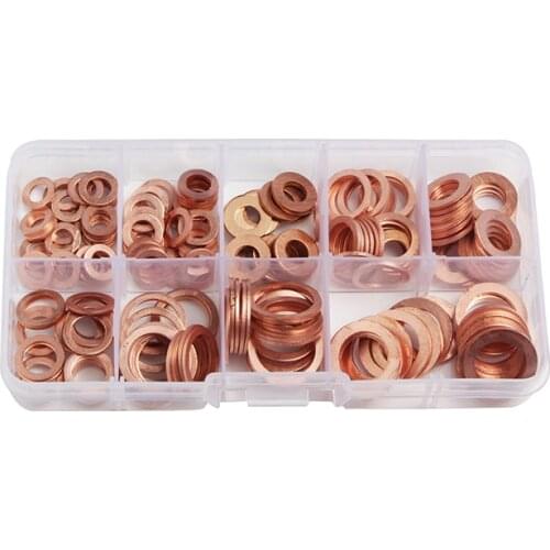200 Pcs Copper Sealing Solid Gasket Washer Set Flat Ring Copper Seals Assortment Kit M5/M6/M8/M10/M12/M14 Sump Plugs Oil Tool