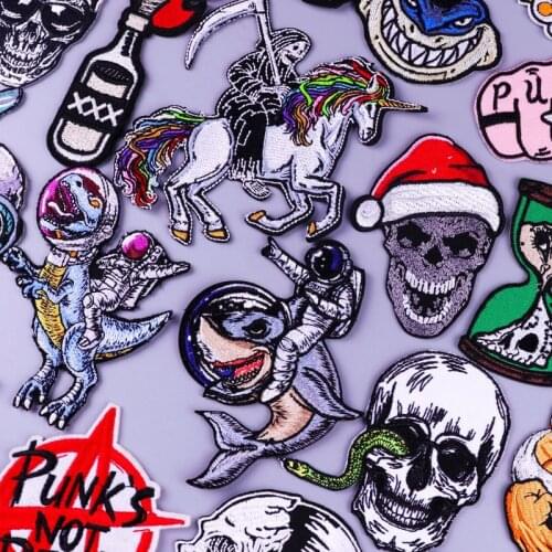 Punk Patch Astronaut Shark Embroidered Patches For Clothing Thermoadhesive Patches Skull Stripes Badges Iron On Patch Appliques