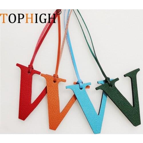 TOPHIGH New Genuine Leather Capital English Letter V Shape Keychain For Women Custom Design Handbag Tassel Girl Backpack Charm