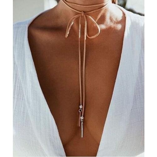 Wholesale Bowknot Choker Necklace Conduit Charms Long Rope Chain Black Leather Sexy Jewelry for Women Statement Collier Femme