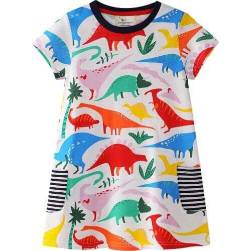 Girls O-neck Short Sleeve Casual Fashion Colorful Dargons Mixed Print Summer A-line Dresses 100% Cotton Red Streetwear Dresses
