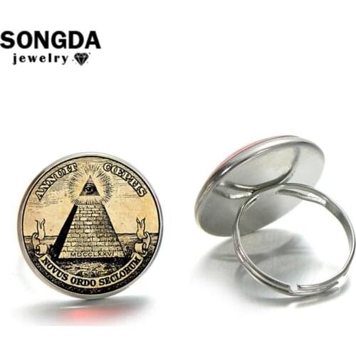 SONGDA Vintage Masonic Ring Freemason Illuminati Triangle Pyramid Glass Art Photo Round Ring Mason Member Gift Jewelry Wholesale