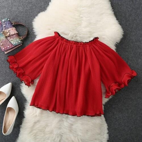 Super Cheap Chic Women Slash Neck Pleated Chiffon Top Flare Sleeve Blouse Top