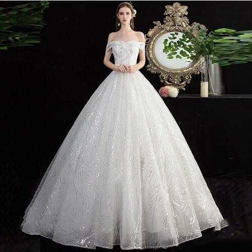 Wedding Dresses Illusion V-Neck Short Tulle Lace Off The Shoulder Sequined Backless Luxury White Elegant Women Bridal Gown G529