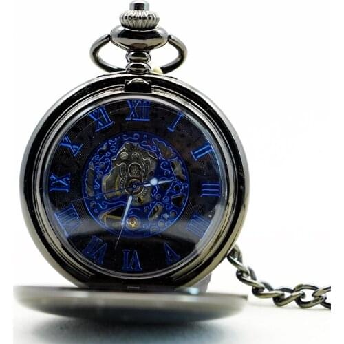 Vintage Polish Black Mechanical Pocket Watch Retro Hand Winding Hollow Fob Watch Men Women Necklace Chain Gift