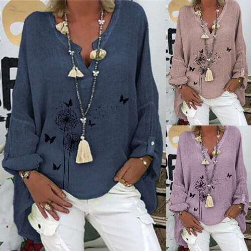 Women Autumn Long Sleeve Butterfly Dandelion Print Loose Blouse Shirt Tunic Top
