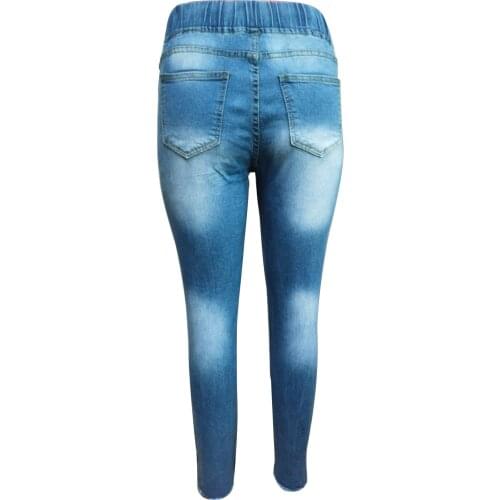 2021 New Female Ripped Jeans, Adults Elastic High Waist Trousers Long Pants with Drawstring for Summer Fall Joker