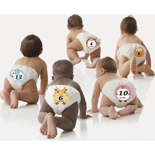 1-12 Months Cute Cartoon Baby Climbing Sticky Bellies Baby Month Stickers for Baby Birthday Party DIY Scrapbook Photo Toys