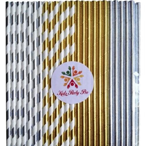 200pcs Mixed 4 Designs Metallic Gold Silver Foil Paper Straws-Striped and Solid Plain Pure-Wedding Christmas Holiday Party Bulk