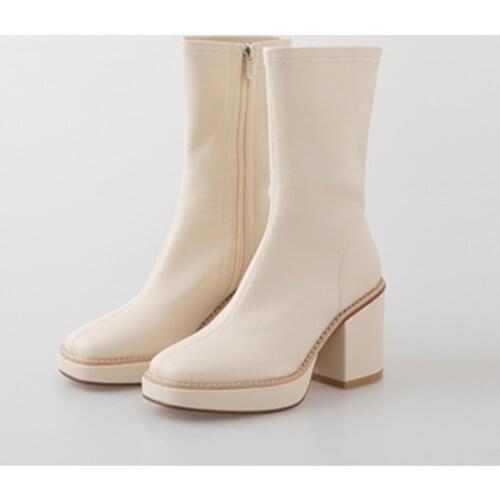 2020 Black Genuine Leather Thick Sole Chelsea Boots Women British style Round Toe High heel Short Boots Woman Casual Motorcycle