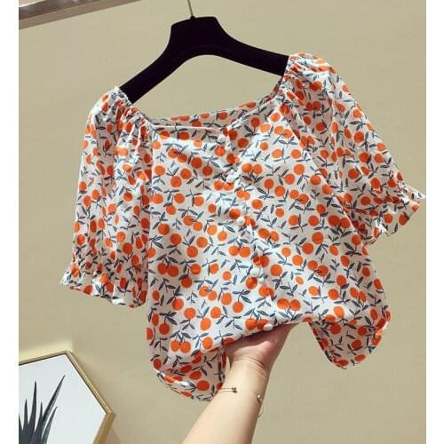 2021 Summer Blouse Women New Floral Print Cotton Shirts Casual Women Fashion Loose Short Sleeve Square Collar Blouse Tops L266