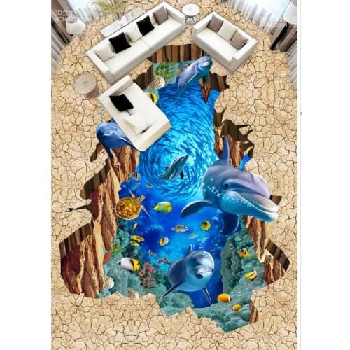 Bathroom 3d wallpaper floor 3D stereoscopic SeaWorld dolphin PVC waterproof floor 3D wallpaper floor for living room