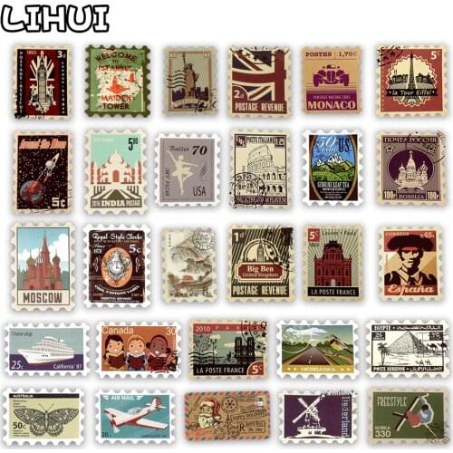 50 PCS Retro Travel Stamp Stickers Waterproof Postage Building Decal Sticker Toys Gifts to DIY Suitcase Scrapbook Laptop Guitar