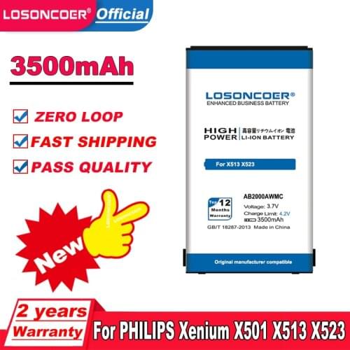 LOSONCOER 3400mAh AB2000AWMC Battery for PHILIPS Xenium X501 X513 X523 X130 X623 X3560 X2300 X333 Lithium-ion polymer battery