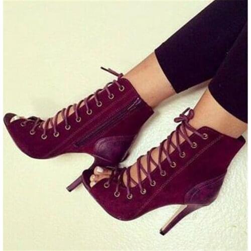 Post Free beautiful beautiful burgundy suede, open-toed fish head, cross lacing, 11 cm high-heeled cool boots. Size: 35-43