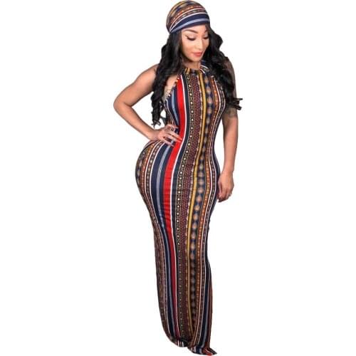 Bohemian Autumn Dresses Scarf 2018 Stripe Print Sleeveless Lady women fashion sexy Bandage casual nightclub Long Maxi dress 8288