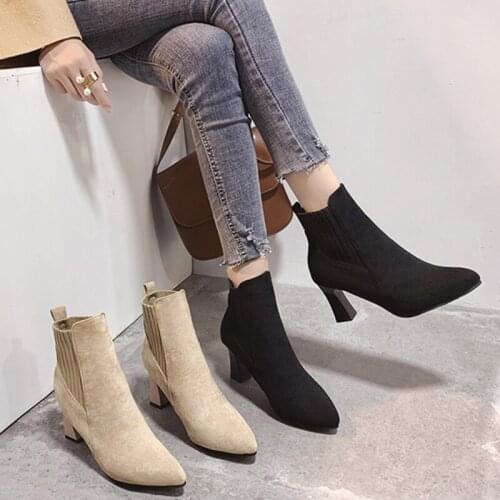 Cotton flock botas knitted stretch slip on ankle boots pointed toe slim leg women shoes stiletto high heels riding botines mujer