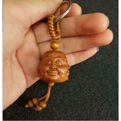 Chinese Wood Craft "joy, Anger, Sorrow, Joy" Four Buddha Face Key Chain