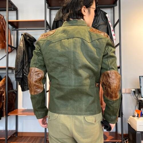 CDJ-106 Read Description! Asian Size Genuine Cow Leather Waterproof 18oz Canvas Coat Cowhide Wax Aged Looking Jacket