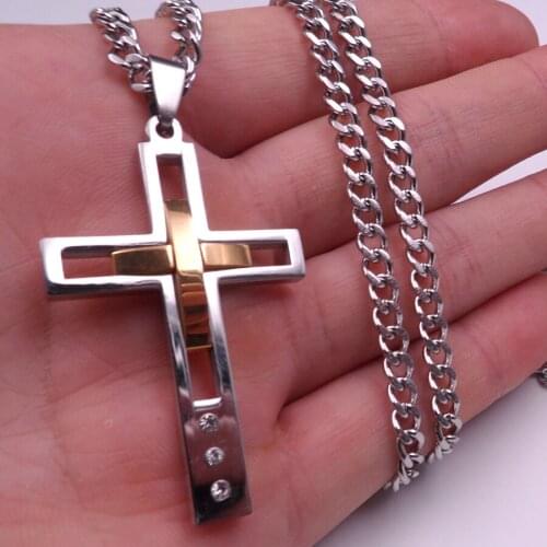 20''-32'' Curb Chain Stainless Steel Fashion Necklace Gold Cross Crystals Pendant religious crucifix Jewelry