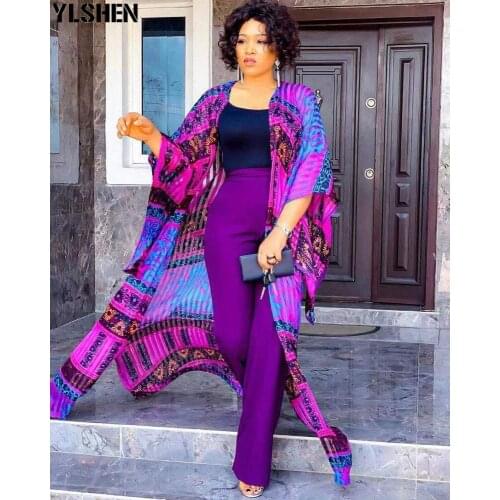 Two Piece Set Women African Clothes Dashiki Summer Elegant Chiffon Gown Flower Printed Dashiki 3 Piece Sets Long Maxi Dress Pant