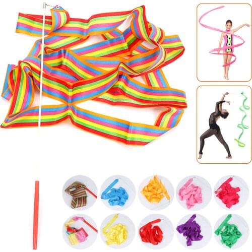 Colorful 2m/4m Ribbons Dance Gym Ribbon Rhythmic Art Gymnastics Ballet Streamer Twirling Rod Rainbow Stick For Training Sports