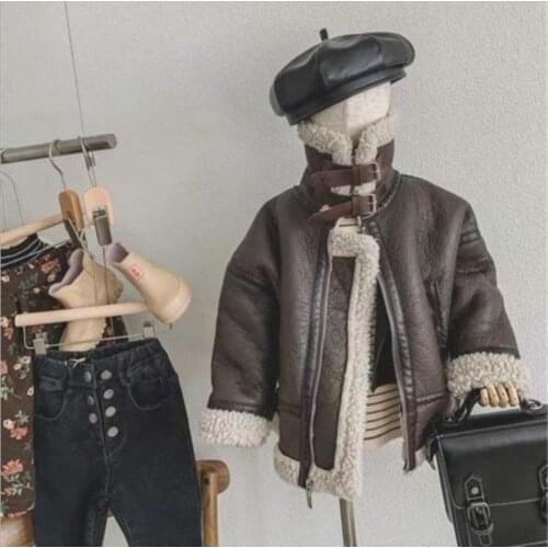 Faux Fur Leather Jacket Children Lambswool Coat Winter PU Leather Outerwear Thick Warm Parka Suede Motorcycle Jacket A624