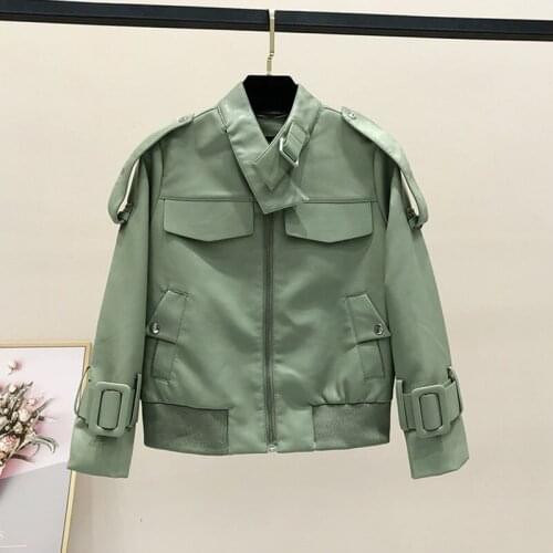 Stand collar Short Loose Korean Plus size Faux Leather Coats Women Spring 2021 Bean green White Casual Moto Biker jacket Female