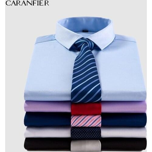 CARANFIER Mens Short Sleeve Work Shirts Brand Soft Square Collar Regular Striped Twill Men Dress Shirts White 7 Colors Male Tops