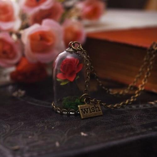 Beauty and The Beast Rose Necklace Romantic Glass Wishing Bottle Flower Pendant Beautiful Jewelry Charm Necklace -30