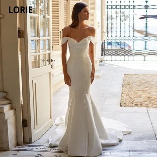 LORIE Boho Wedding Dresses Off the Shoulder Satin Mermaid Court Train Corset Simply Wedding Bridal Gowns vestido de novia