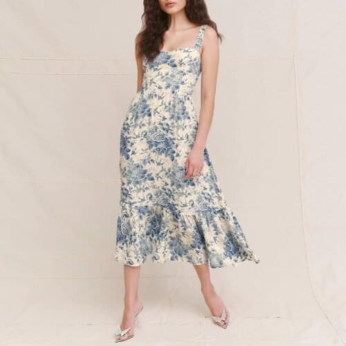Summer Clothes Dresses For Women 2021 Party Elegant Vintage Floral Dress Sweetheart Neck Sleeveless Strap Chiffon Midi Dress