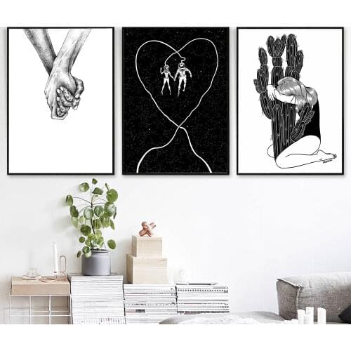 Nordic Poster Black White Canvas Minimalist Holding Hands Painting Hug Cactus Art Print Wall Picture For Living Room Home Decor