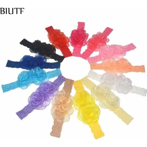 30pcs/lot One Size for All Kids Cute Elastic Lace Headband with Twin Burned Silk 6.0cm Flower DIY Boutique Hairband FD251