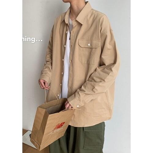 Simple Design Solid Colors Long Sleeve Shirts Korean Fashion Mandarin Collar 100% White Black Shirt Soft Comfort 2021 pocket