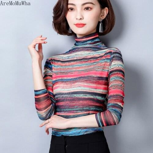 AreMoMuWha 2019 Summer New Mesh Bottoming Shirt Striped Print Slim Thin Large Size High Collar Female Long-sleeved Shirt MH166