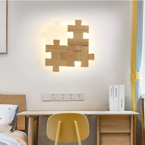 Nordic Wooden Bedside Led Wall Lamp Art Designer Jigsaw Puzzle Aisle Lovely Bedroom Study Wall Light Fixtures Free Shipping