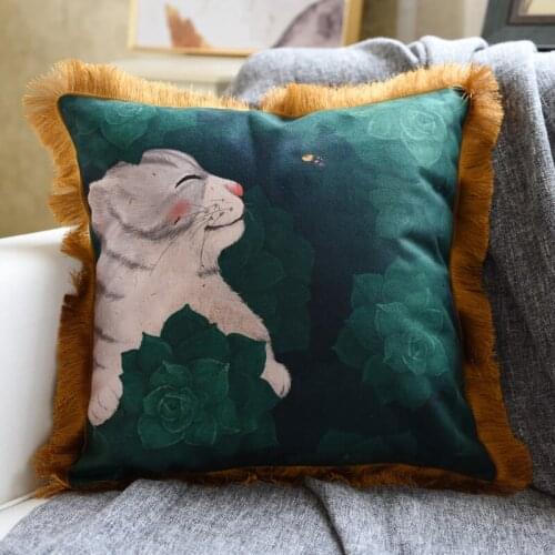 American Retro Dark Green Cute Cat Cushion Cover Luxury Sofa Room Car Decoration Animal Bee Pillow Cover 18X18inch