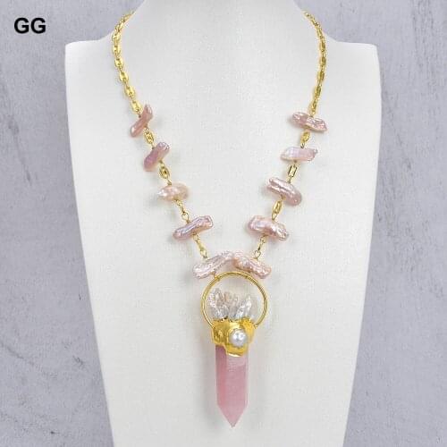 GuaiGuai Jewelry Natural Pink Rose Quartz Point Pink Biwa Pearl Pendant Chain Necklace 21" For Women