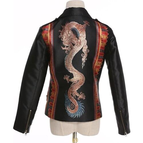 Black 2021 Vintage Spring Runway Fashion Dragon Print UK Designer Zipper Punk Casual Jacket