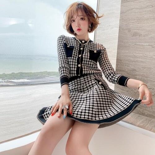 Women New Chic Knitted Jacquard Skirt 2 Piece Set Women Elegant O-Collar Cardigan Sweater+Elastic Force A-line Skirt Set Autumn