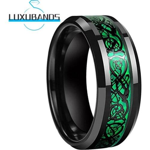 Womens 8MM Tungsten Carbide Ring For Men Beveled Edges Polished Finish Green Opal Black Dragon Inlay Comfort Fit