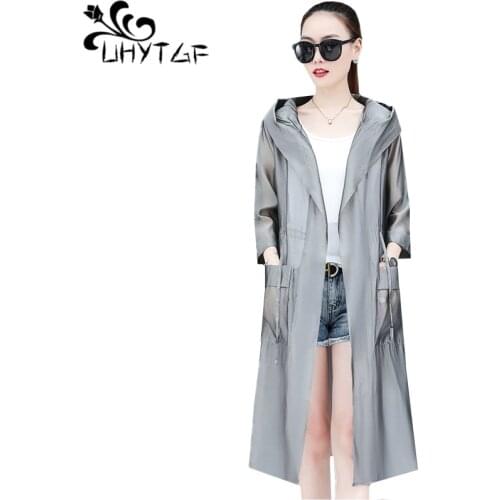 UHYTGF Womens summer coat fashion hooded beach long sun protection clothing Anti-UV breathable loose thin plus size jacket 1673