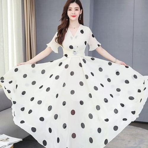 2021 Summer New Elegant Long Women V-neck Polka Dot Short Sleeve Chiffon Dress Ladies 4XL Plus Size Waist Office Dress Vestidos