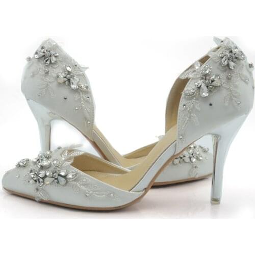 2018 Handcraft Handmade Rhinestone Pageant Event Shoes White Satin Bride Shoes Comfortable Wedding Party High Heel Shoes